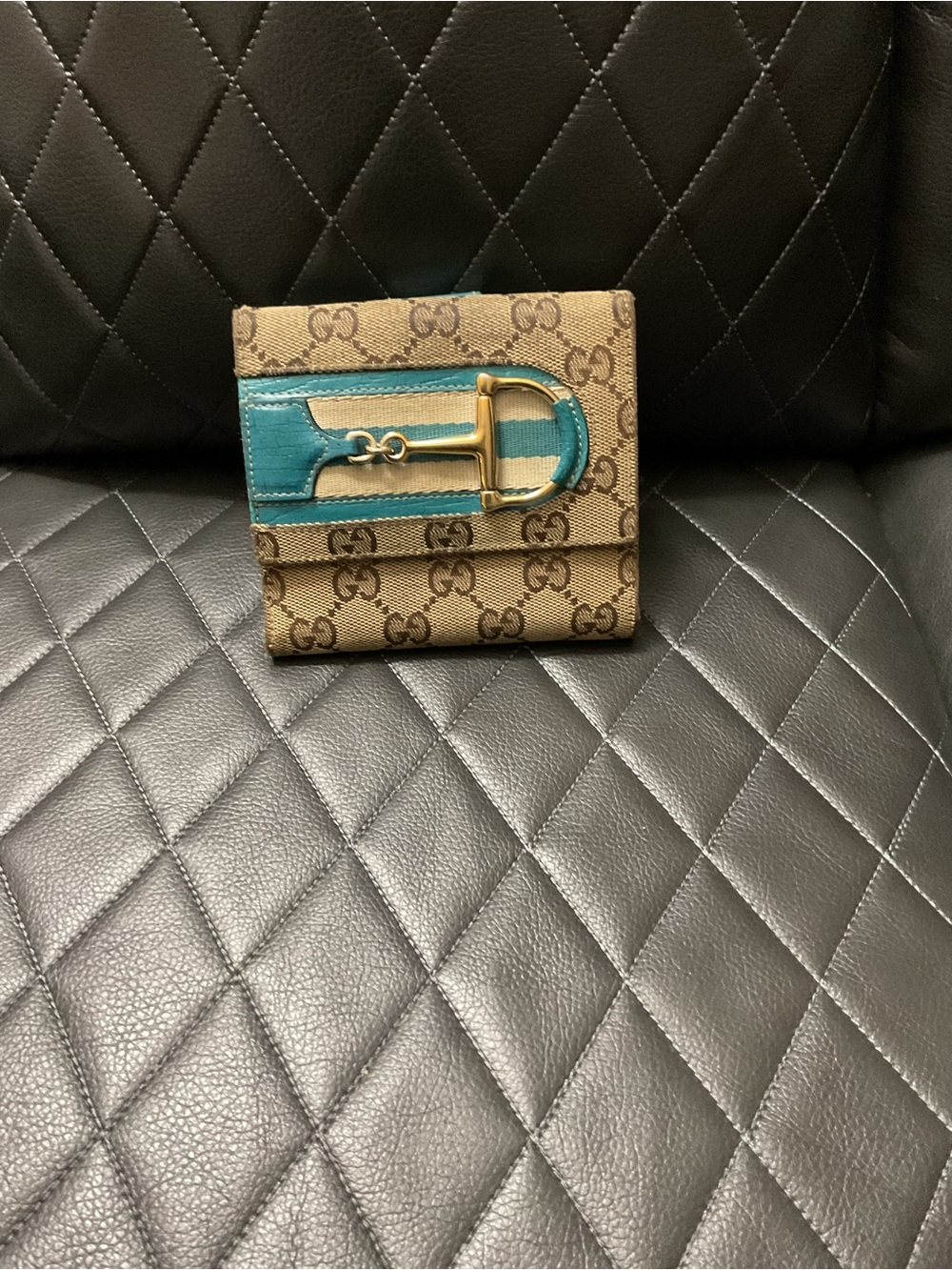 Gucci Horsebit GG CANVAS wallet beige teal gold